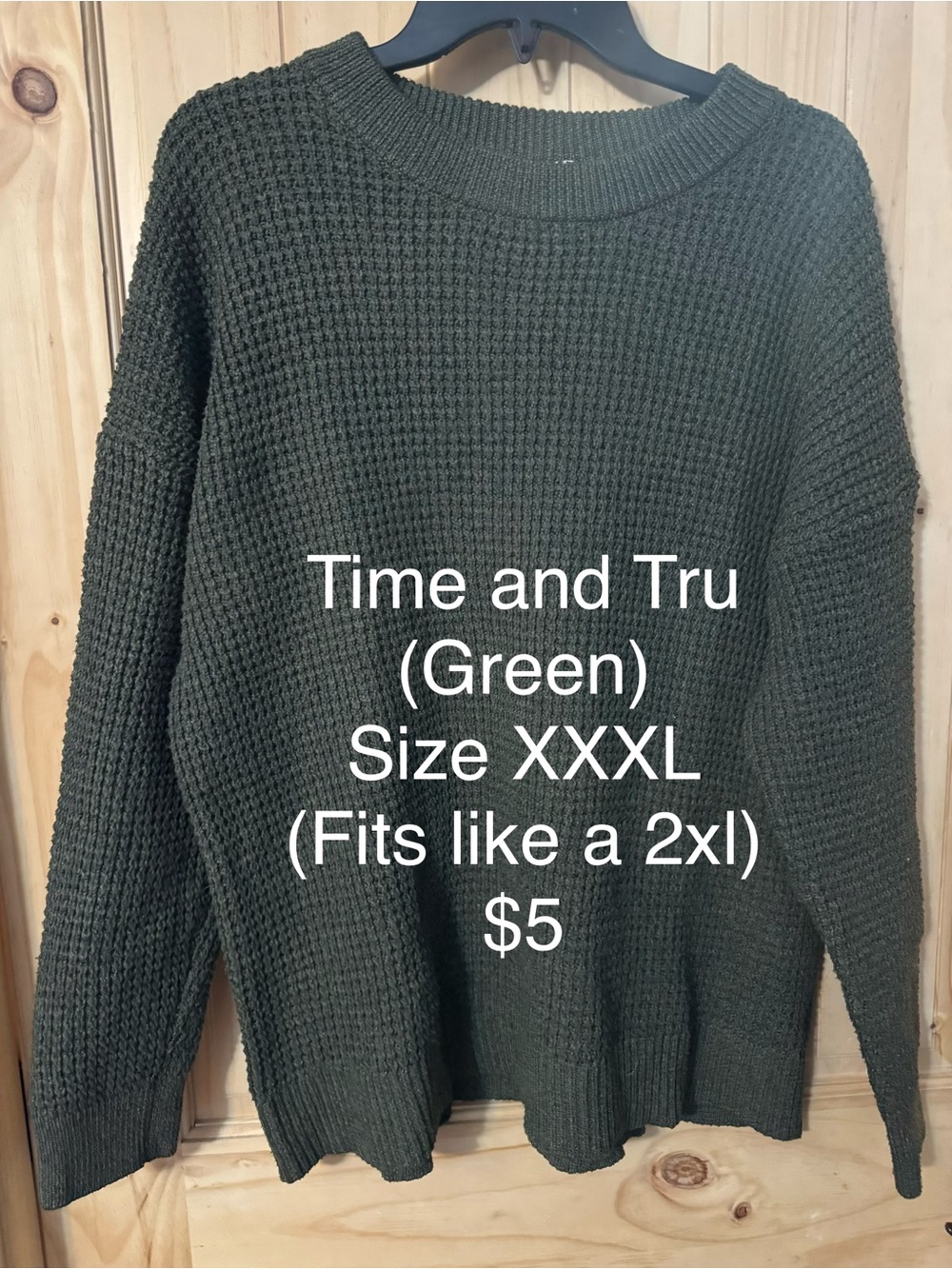 Time and Tru Olive Waffle Knit Crewneck Sweater